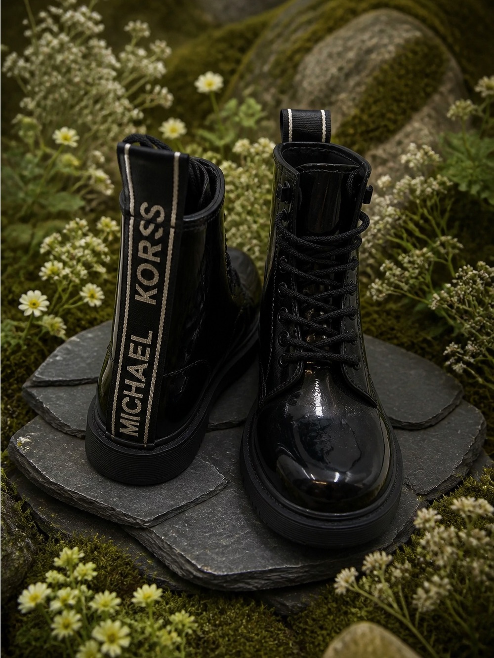 Michael Kors Glossy Black Patent Lace-Up Ankle Boots